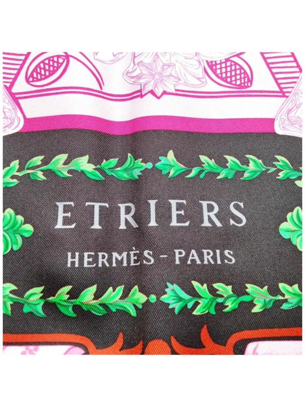 Authnetic Hermès Etriers Carré 90 Silk Scarf Pink Black